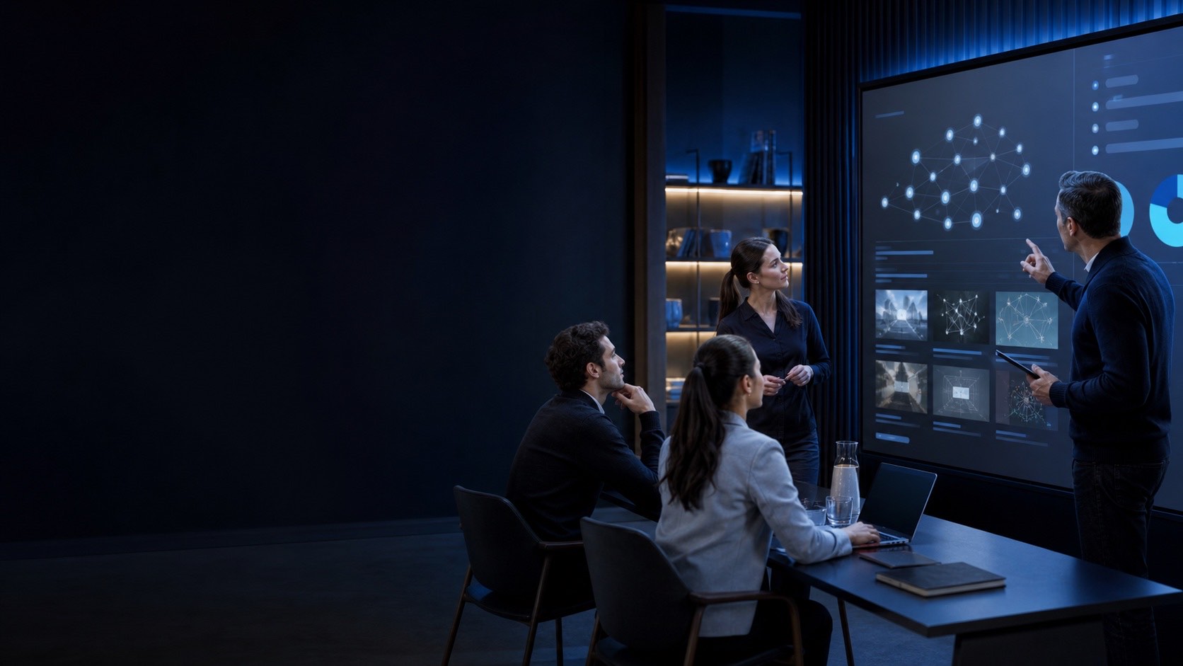 Equipo profesional aprendiendo a aplicar inteligencia artificial en un campus empresarial