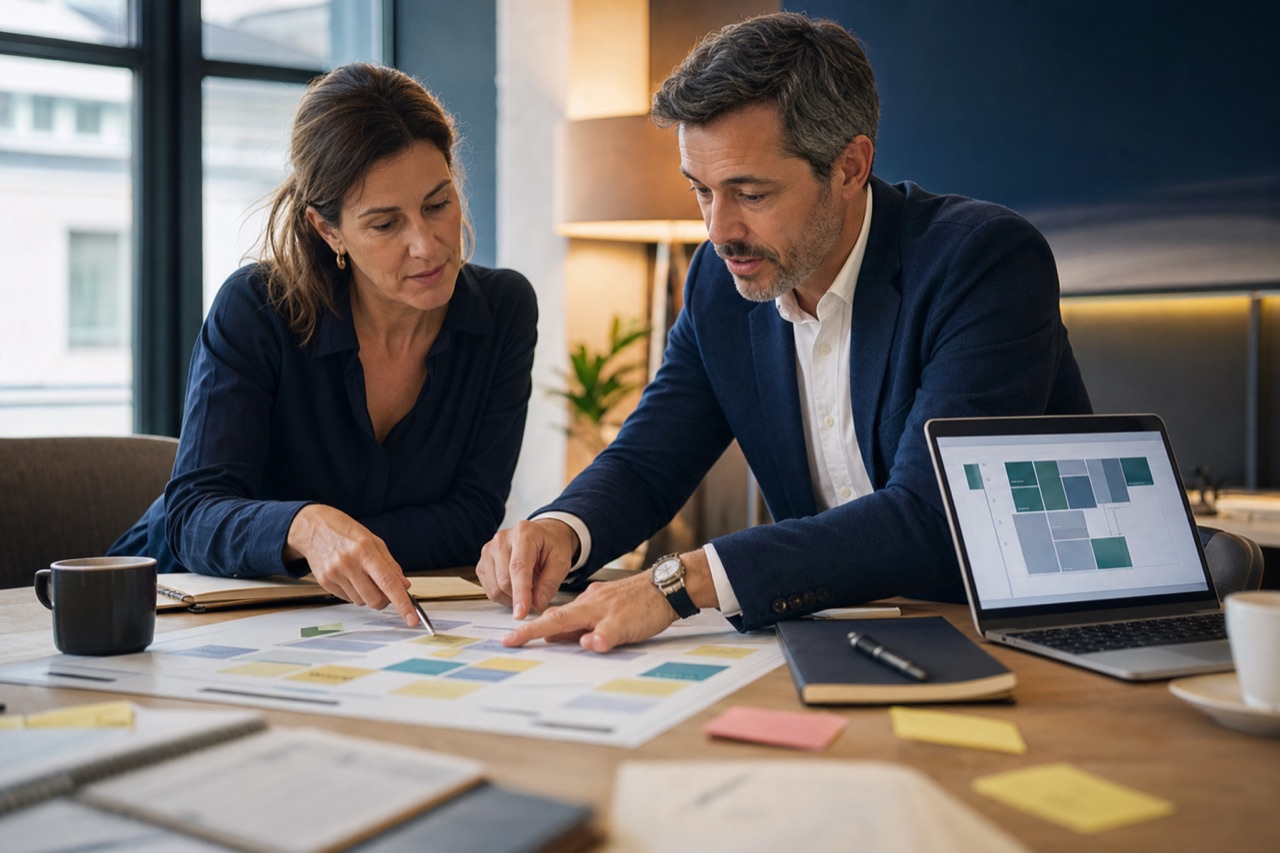 Consultor y responsable de empresa priorizando un roadmap de inteligencia artificial