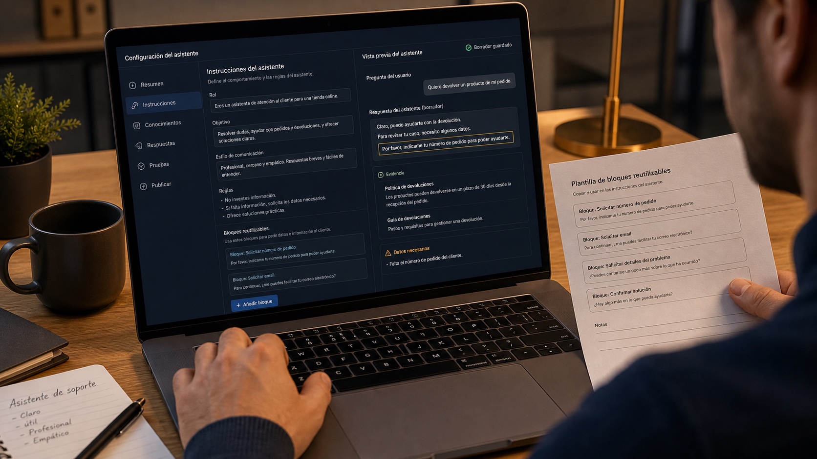 Vista realista de una herramienta de IA configurada como asistente reutilizable